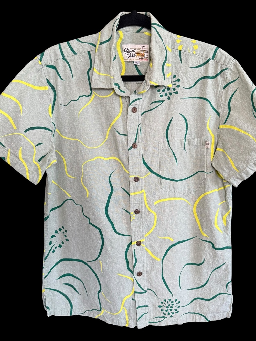 Roberta Oaks Hawaiian shirt button front hibiscus print Large slim fitting